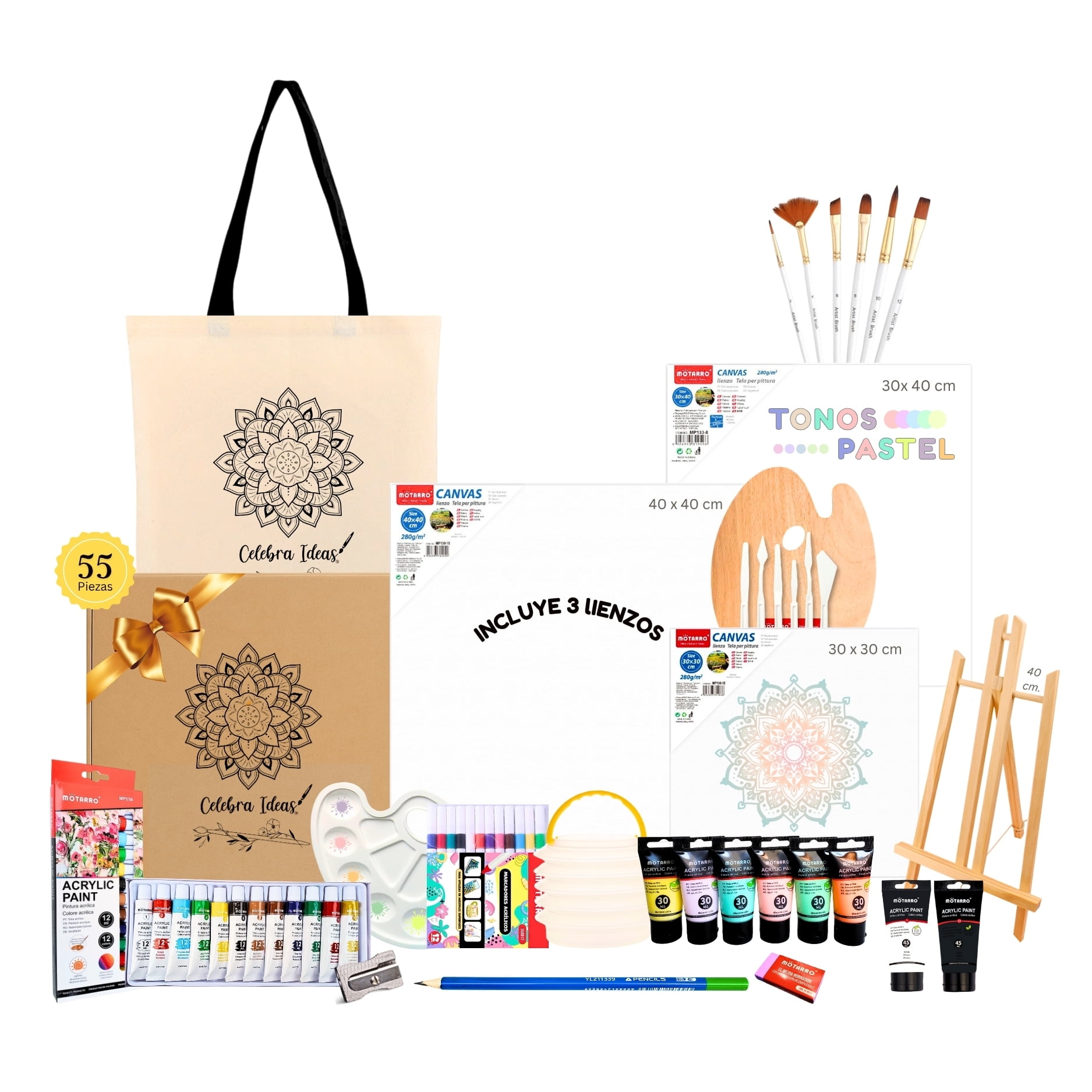 Celebra Ideas - Set Kit De Arte Pinturas Acrílicos Tonos Pastel Y Bastidores 55 Pcs