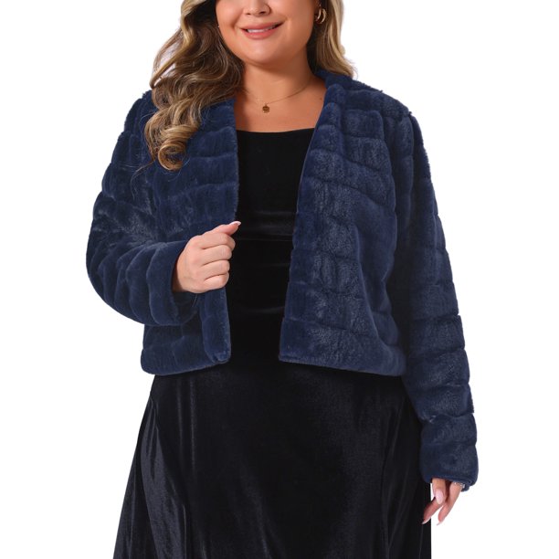Agnes Orinda Ropa de Halloween para Mujer Tallas Grandes Chaqueta Recortada Abierta de Frente Abrigo de Invierno de Piel Sintética Esponjosa 2X Azul Oscuro