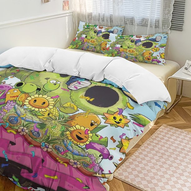 Plants Vs Zombies Quilt Set Thicken Soft 3 Pieces Bedding Set All Season Duvet Cove with 2 Pillowcases for Adult Women Girls Teens Home Room Decor