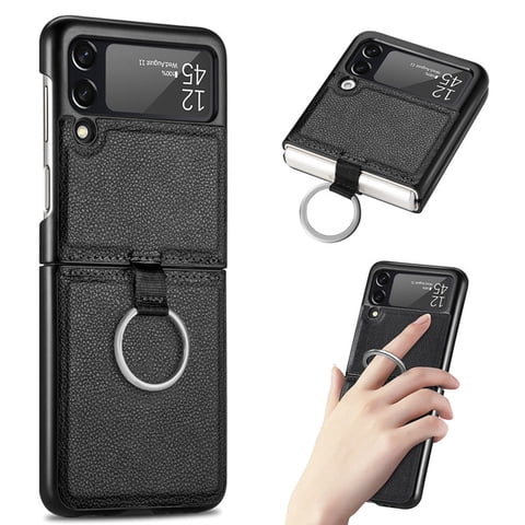 Genérico - Carcasa Para Samsung Z Flip 4 Cuero Negro Premium Con Anillo