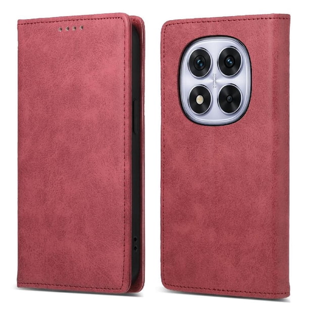 Funda tipo cartera con bloqueo RFID para Xiaomi Redmi Note 15 Pro Plus Con tapa abatible, portatarjetas, cierre magnético, TPU y soporte Rojo