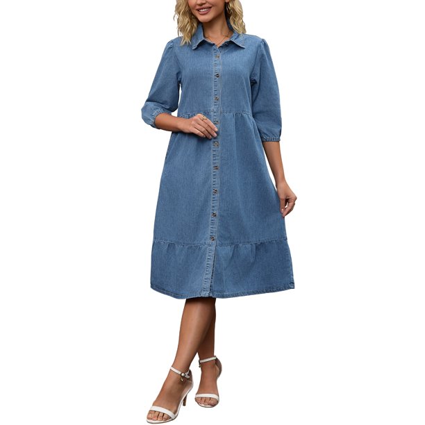 INSPIRE CHIC Vestido Midi de Mezclilla para Mujer Regreso a Clases Manga Abullonada Abotonado en Capas Vestido Camisero Línea A Azul Claro XL