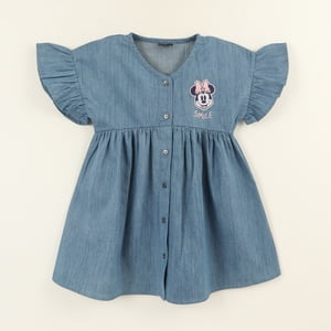 Vestido Manga Vuelos Niña Denim Azul Botones Minnie Disney