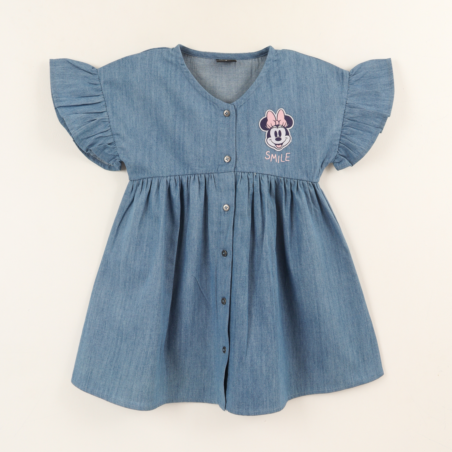 Vestido Manga Vuelos Niña Denim Azul Botones Minnie Disney