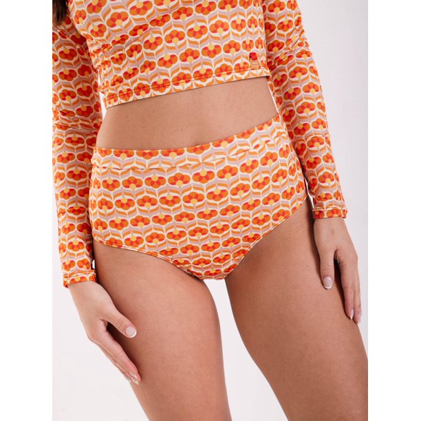 Bottom de Bikini Daikiri Mujer Calzón Tiro Alto Flores Naranjo Rojo Protección UV50+
