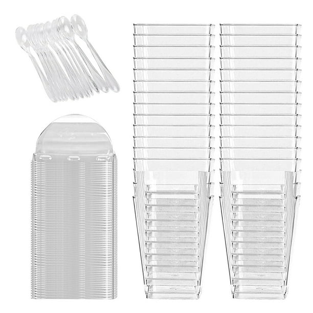 Paquete de 50 vasos de plástico transparente para postre de 145 ml con tapa y cuchara, vasos cuadrados reutilizables para aperitivos, vasos para servir chupitos de postre y mini vasos para degustación