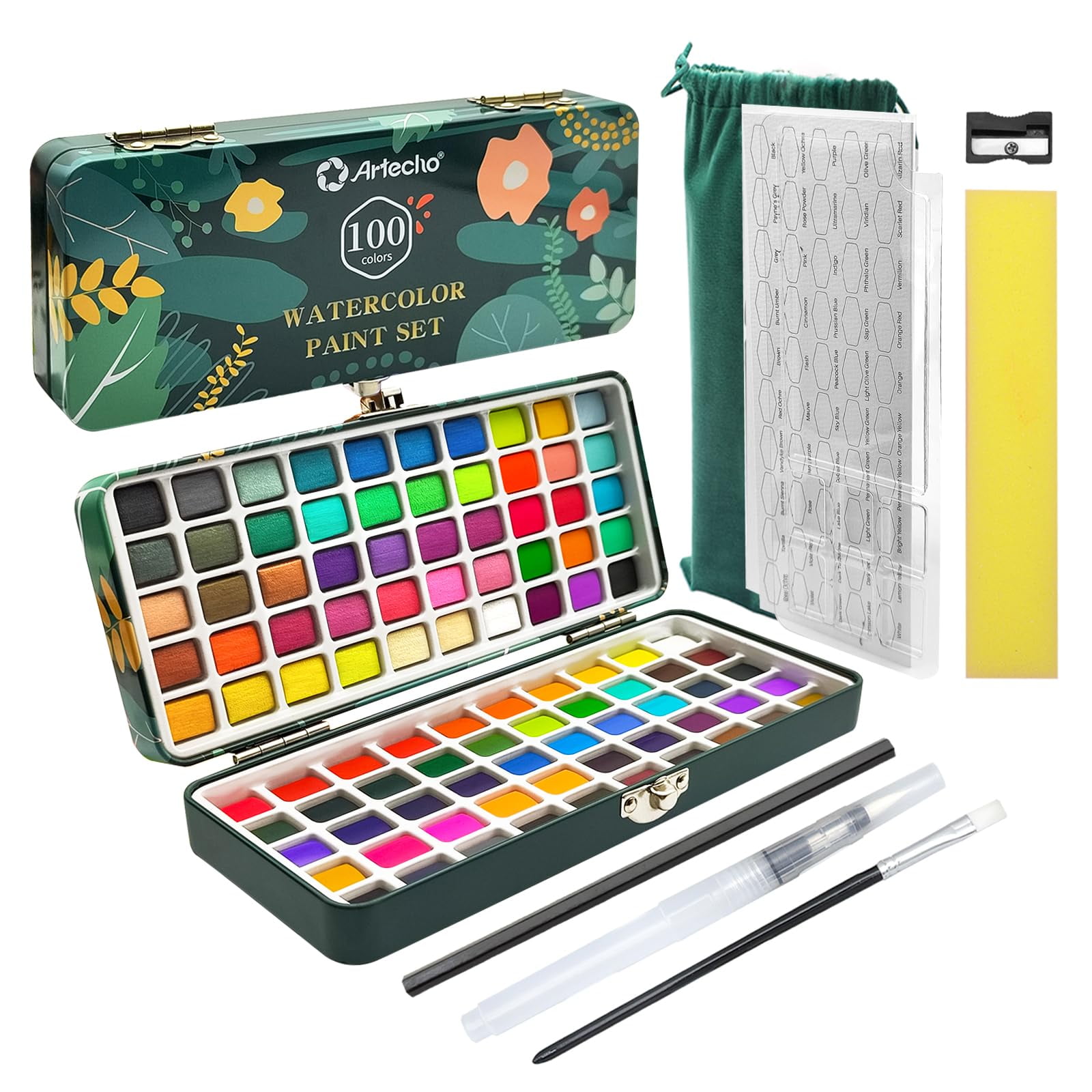 Set De Pinturas De Acuarela Artecho De 100 Colores Con Metal Y Accesorios