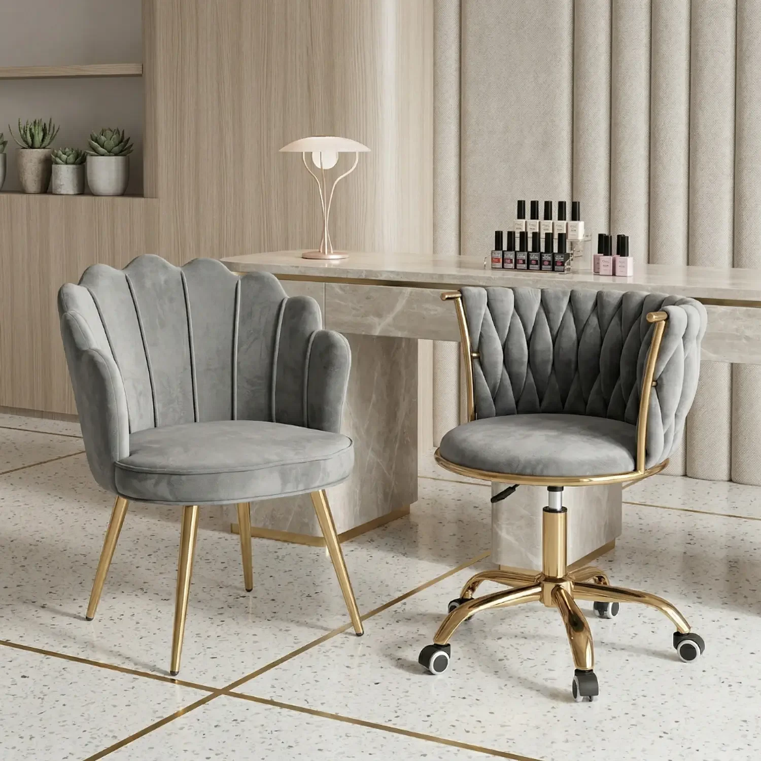 Genérico - Set De 2 Sillas De Manicura Profesional Una Fija Y Con Ruedas Para Salón De Uñas Moderno Gris