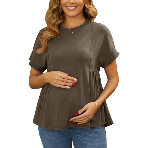INSPIRE CHIC Top de Maternidad para Mujer con Mangas Cortas, Cintura Plisada, Camiseta de Embarazo, Blusa Suelta Casual Peplum Oversize XL Café