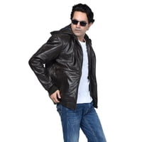 Chaqueta Cuero Sharo Classic Leather Rugged Con Capucha Marrón Chocolate Oscuro Hombre