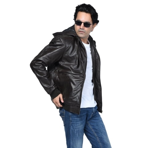 Chaqueta Cuero Sharo Classic Leather Rugged Con Capucha Marrón Chocolate Oscuro Hombre