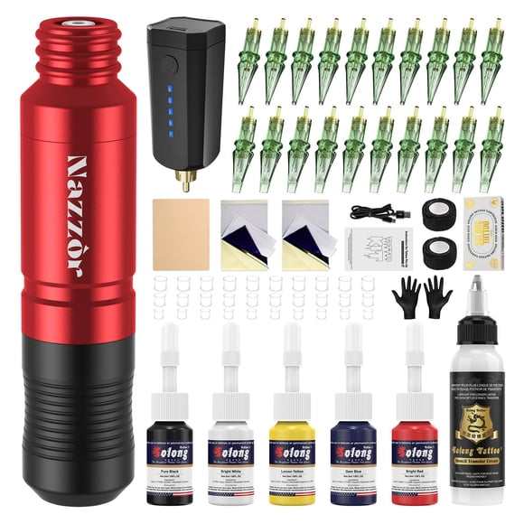 Kit de tatuaje Nazzor con máquina tipo pen y batería, 20 agujas, set de tintas