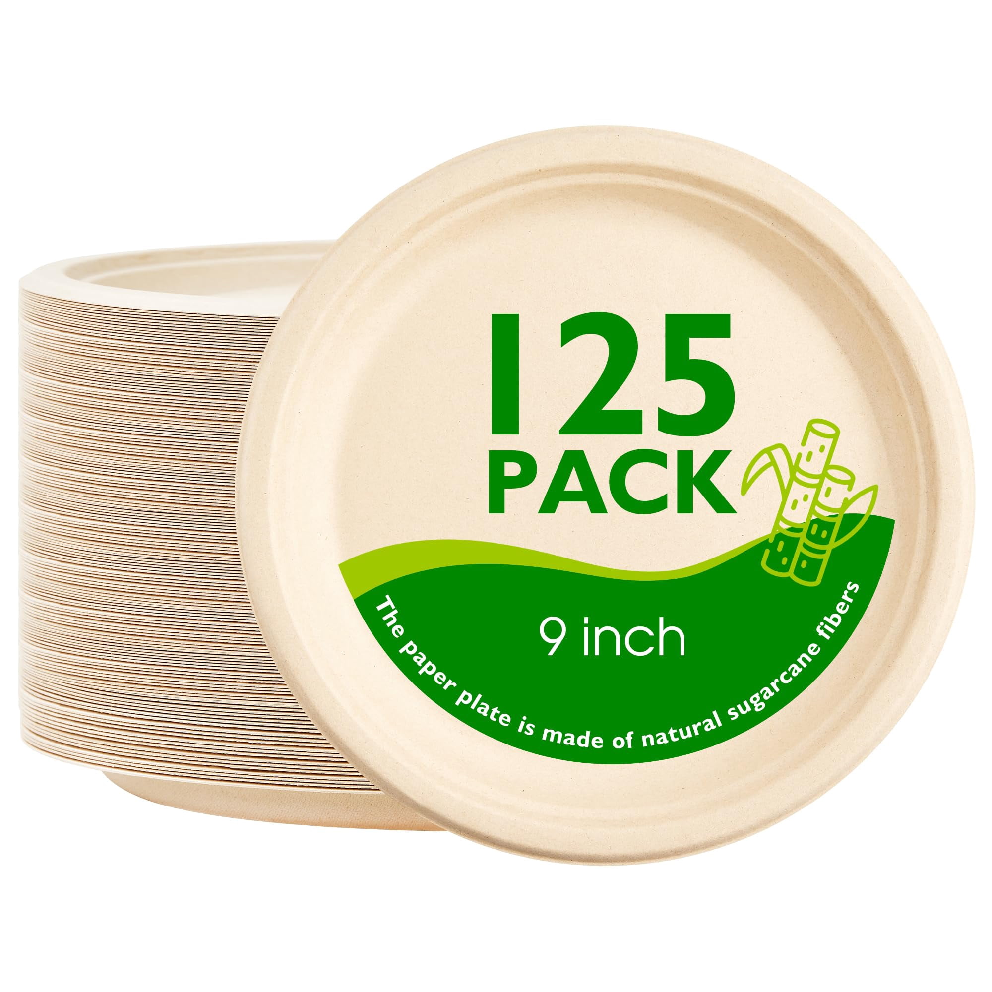 Platos De Papel Packinno, 23 Cm, 125 Unidades, Caña De Azúcar Compostables