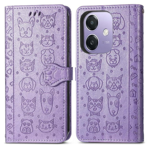 Funda Cartera FOXDOCK para OPPO A60 5G , Flip PU con Relieve de Gatos y Perros, Tarjetero y Soporte
