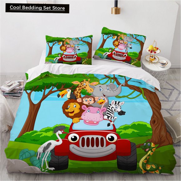 Cartoon Animal Duvet Cover Elephant Red Car Bedding Set for Kids Lion Monkey Wildlife Polyester Quilt Cover Bed Sheets
