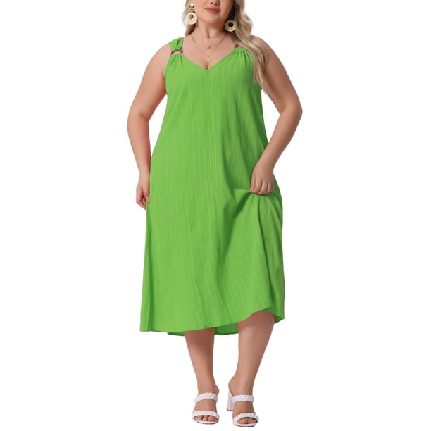 Agnes Orinda Vestido de Verano sin Mangas con Cuello en V para Mujer de Talla Grande, Vestidos Informales de Largo Medio, Talla 3X, Verde Hierba