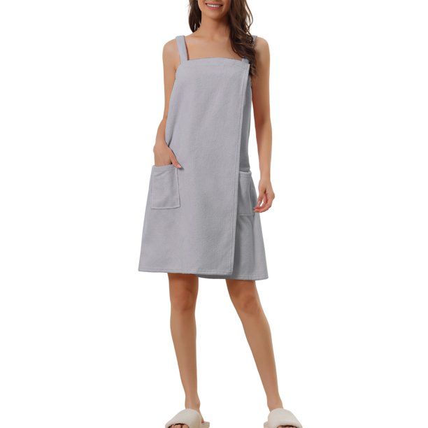 INSPIRE CHIC Bata de Mujer de Tela de Toalla Absorbente de Secado Rápido con Tirantes Ajustables y Bolsillos S Gris