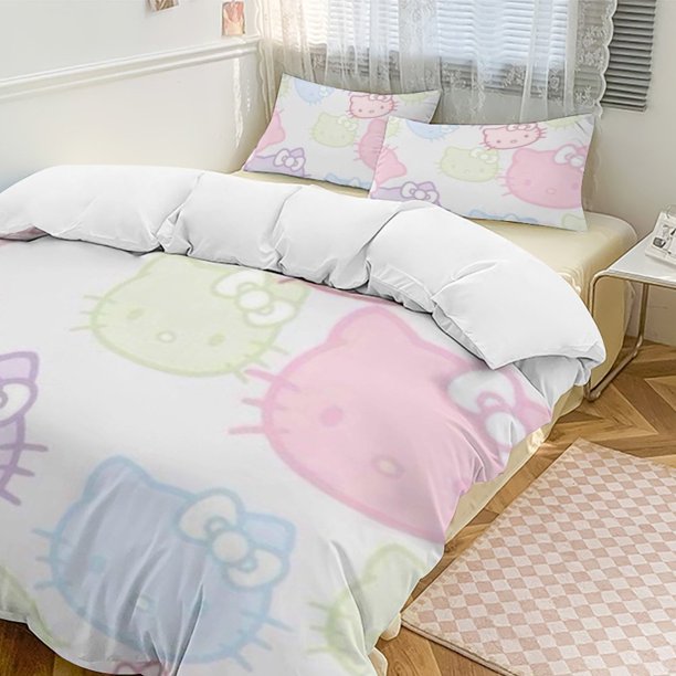 Cute Hello Kitty Thickened Three-piece Bed Set Cartoon Pillowcase Anime Quilt Cover Bedroom Hotel Theme House Vacation Home Holiday Anniversary Gift