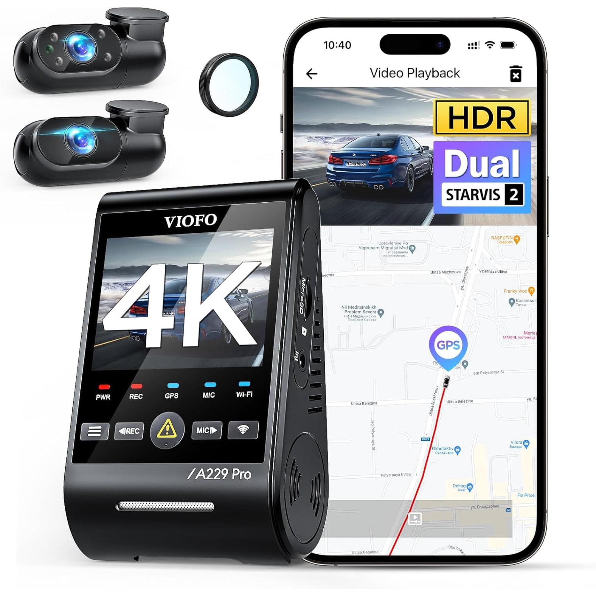 Dash Cam Viofo A229 Pro De 3 Canales 4k Hdr Con Wifi Y Gps De 512 Gb