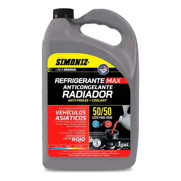 Refrigerante Anticongelante Simoniz 50/50 Asian Red 1gl Rojo
