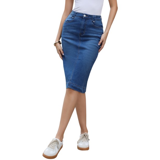 INSPIRE CHIC Falda de Mezclilla para Mujeres Regreso a Clases Cintura Alta Abertura Bolsillos Traseros Falda Lápiz a la Rodilla M Azul