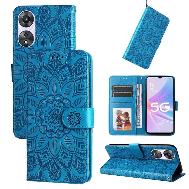 Funda tipo cartera FOXDOCK para OPPO A78 5G , diseño girasol en relieve, cuero PU, cierre magnético, soporte y tarjetero