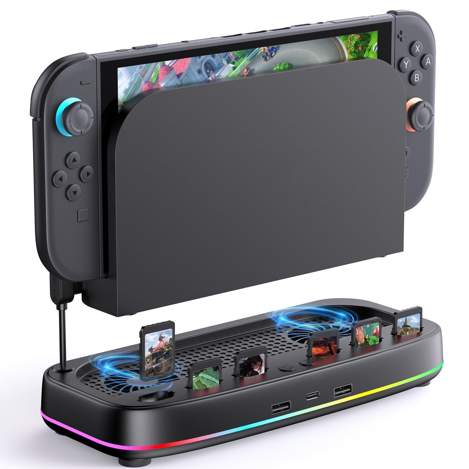 Genérico - Ventilador De Refrigeración Para Nintendo Switch 2 Dock Con Doble Ventilador, 3 Velocidades Ajustables, Modos De Luz Rgb, 6 Ranuras Para Tarjetas De Juego, 3 Puertos Usb Y Base De Disipación De Calor