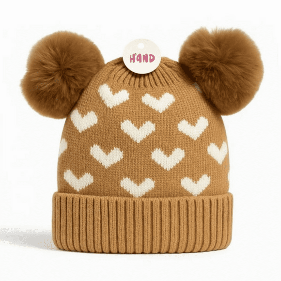 GORRO DE LANA INFANTIL DISEÑO CORAZONES CON CHIPORRO Y POMPONES BEBE UNISEX