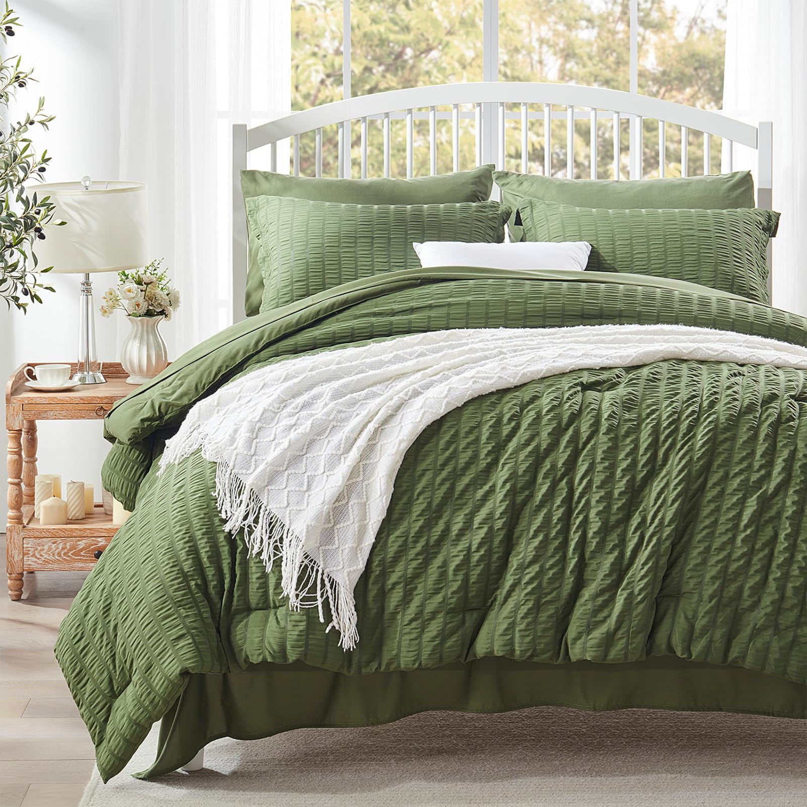 Zzlpp - Set De Edredón Zlpp Seersucker Queen, 7 Piezas, Verde Oliva