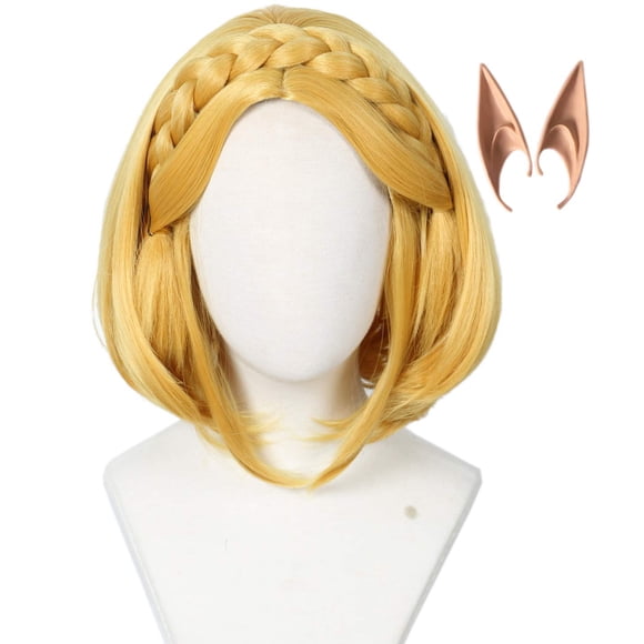 Peluca Linfairy, corta, rubia, para Halloween, con 2 orejas de elfo