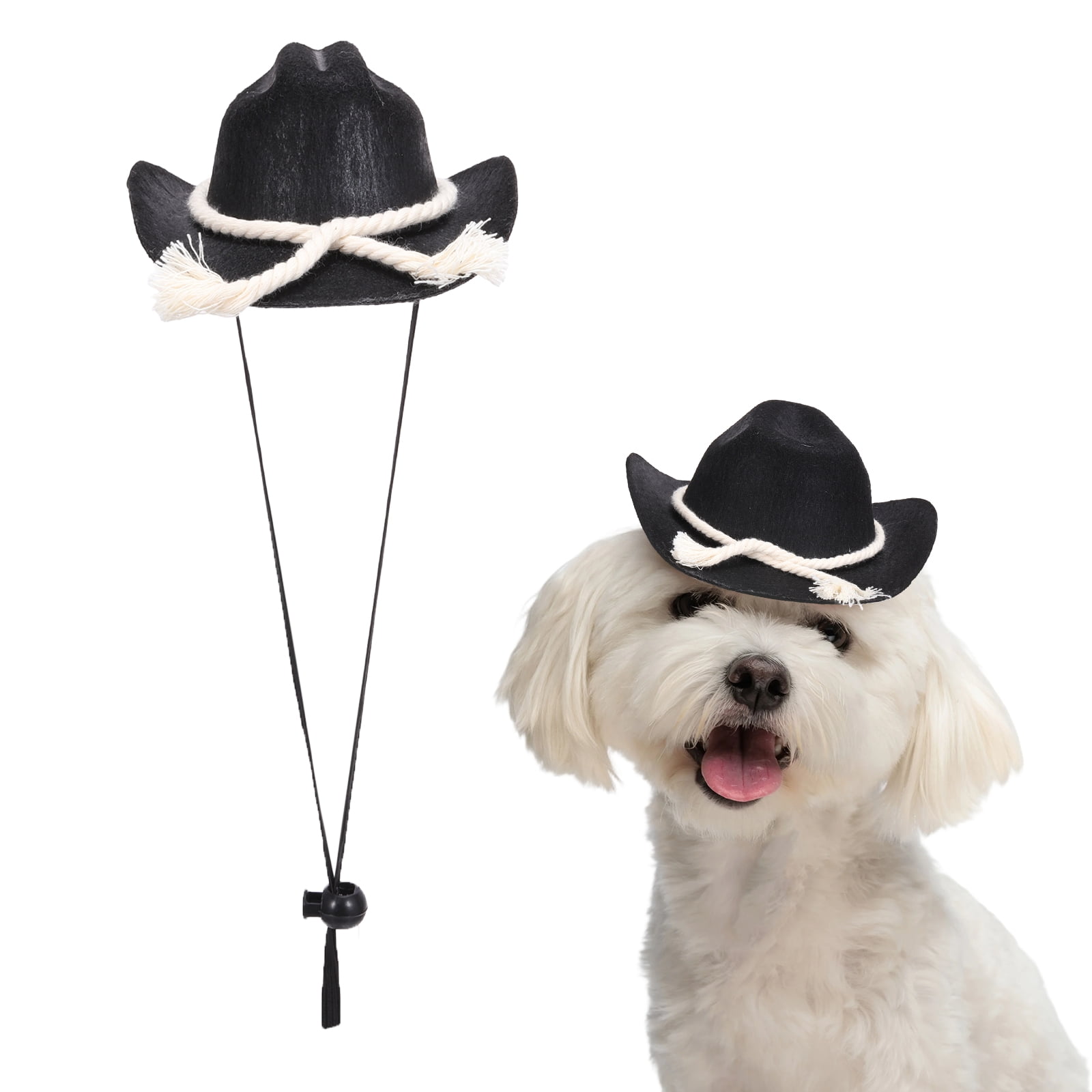 Sombrero de vaquero para perro Uxcell, mini sombrero de vaquero para mascota con correa ajustable para la barbilla, gorra de cosplay con cuerda de algodón decorativa, (Negro, S), para perros y gatos