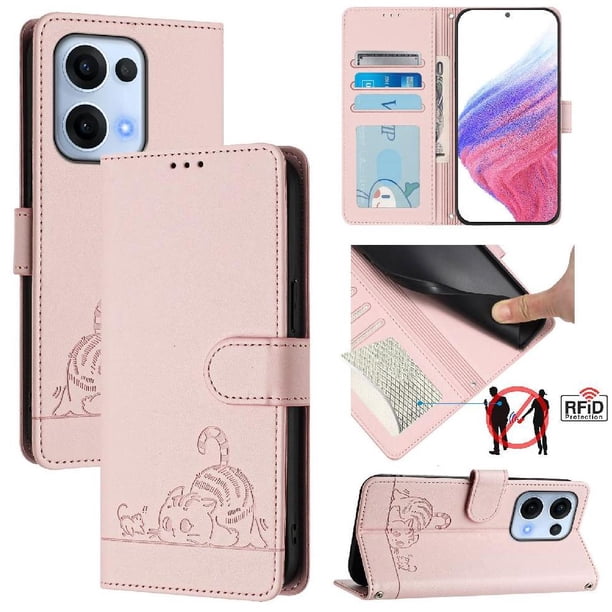 Funda tipo cartera FOXDOCK para Oppo Reno13 con soporte, ranuras, RFID, diseño de gato