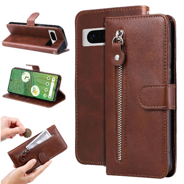 Funda tipo cartera para Google Pixel 7 con bolsillo con cremallera y ranuras para tarjetas – Función de soporte Marrón