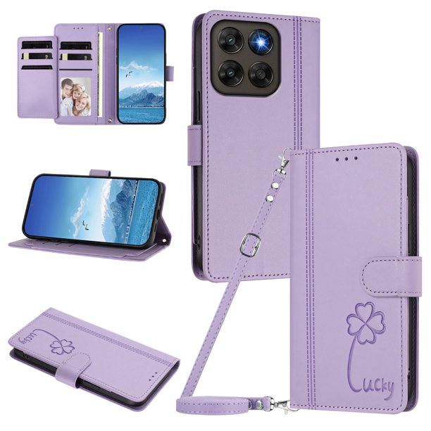 Funda Cartera Trébol para Motorola Moto G67 con Ranuras Tarjetas y Carga Inalámbrica Morado claro