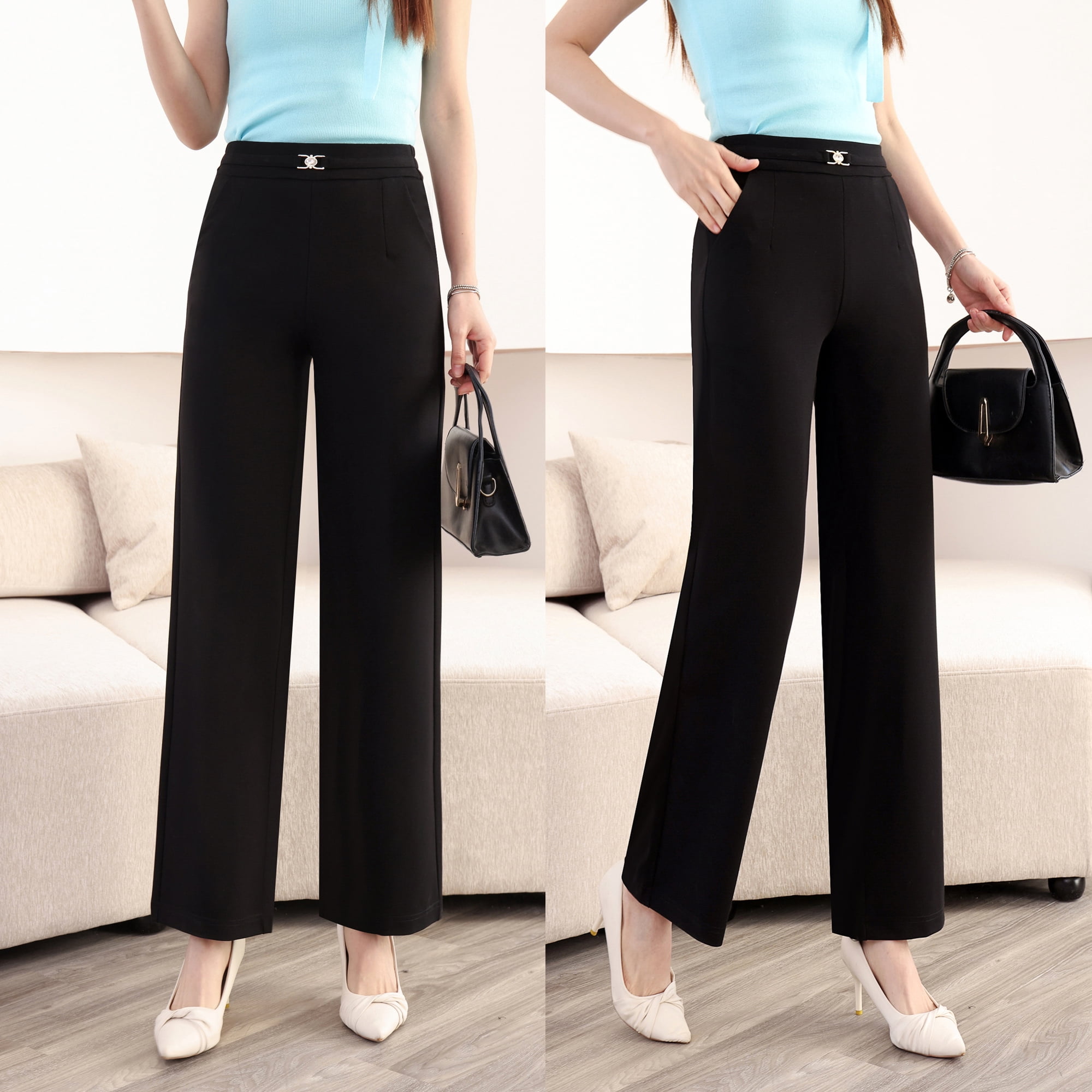 Eadodo - Nuevos Pantalones De Pierna Recta Para Mujer De Primavera Y Verano, Pantalones Sueltos Negros, Pantalones De Pierna Ancha Con Cintura Elástica, Pantalones Casuales Para Mujer