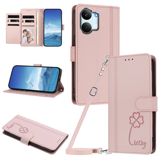 Funda Cartera Trébol para Xiaomi Poco X8 Pro Max con Ranuras Tarjetas y Carga Inalámbrica Rosa