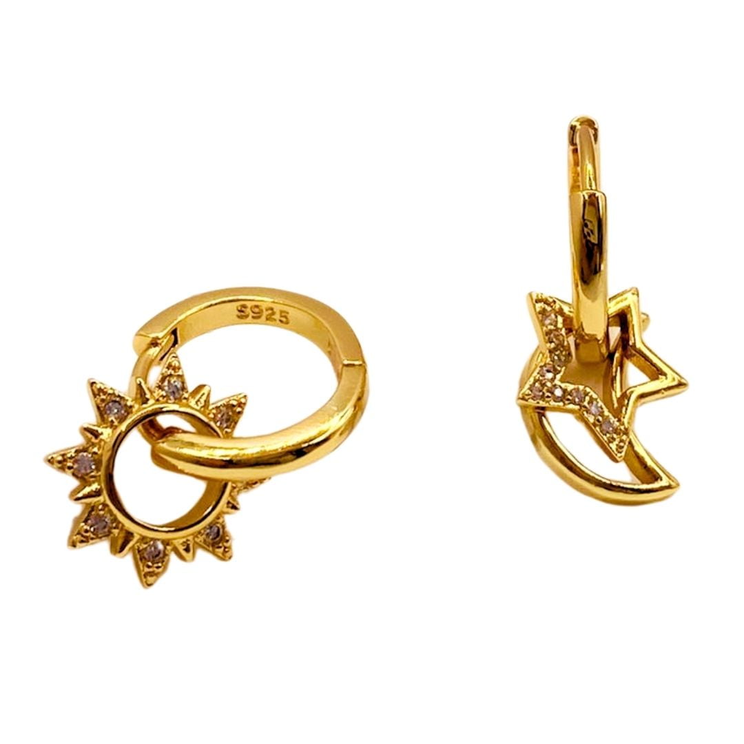 Nordvik London - Aros Argollas Colgantes Eclipse, Dijes Sol, Luna Y Estrella, Plata 925 Enchapada En Oro 18k