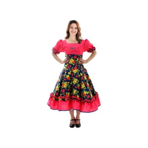 Wanny - Vestido Huasa Chinita Floreado Fucsia Azul Fucsia M