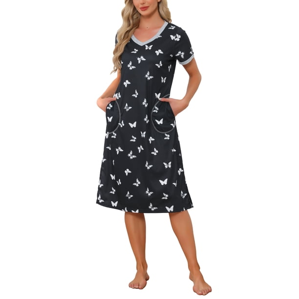 INSPIRE CHIC Camisón de Mujer con Cuello en V y Bolsillos, Manga Corta, Abertura Lateral, con Ribete en Contraste para Primavera Verano 2XL Mariposa