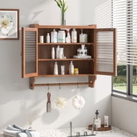 M&Ms - 24.8""Glass Door Vintage Double Door Wall Cabinet With Three Tiers Of Storage With Towel Rack, For Bathroom, Kitchen,Dining Room,Brown