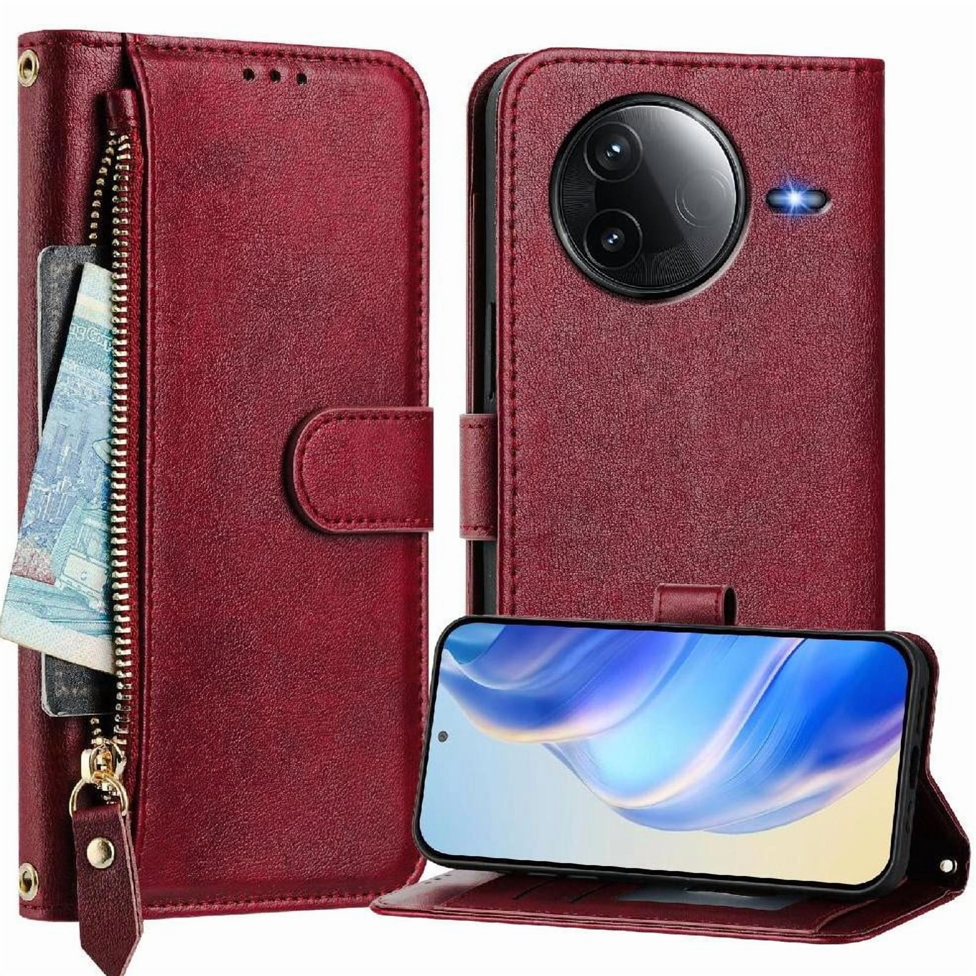 Foxdock - Funda Tipo Billetera Para Xiaomi Rojomi K80 Con Cremallera Portatarjetas Soporte Correa De Muñeca Cuero Rojo