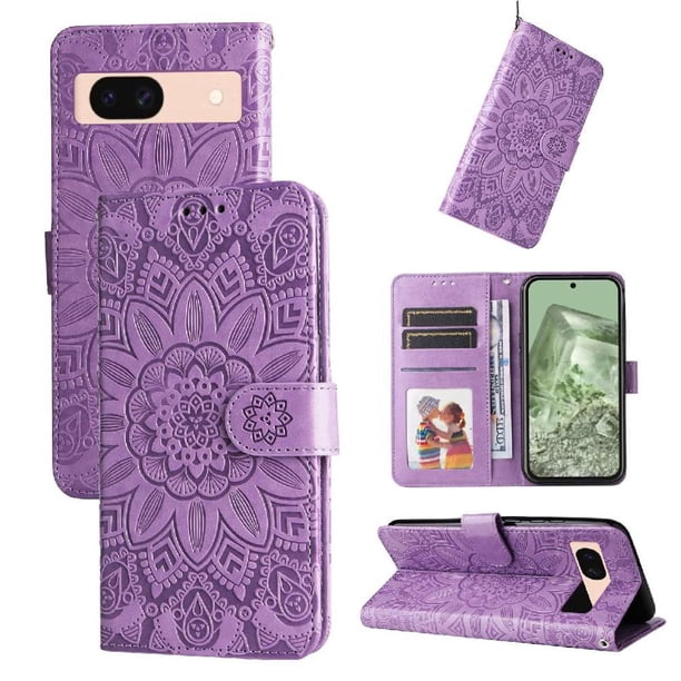 Funda tipo cartera FOXDOCK para Google Pixel 8A , diseño girasol en relieve, cuero PU, cierre magnético, soporte y tarjetero
