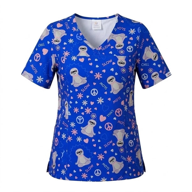 Delantal Clínico Mujer Art. 2541 Tela Elástica Estampado Perezoso Azul Rey