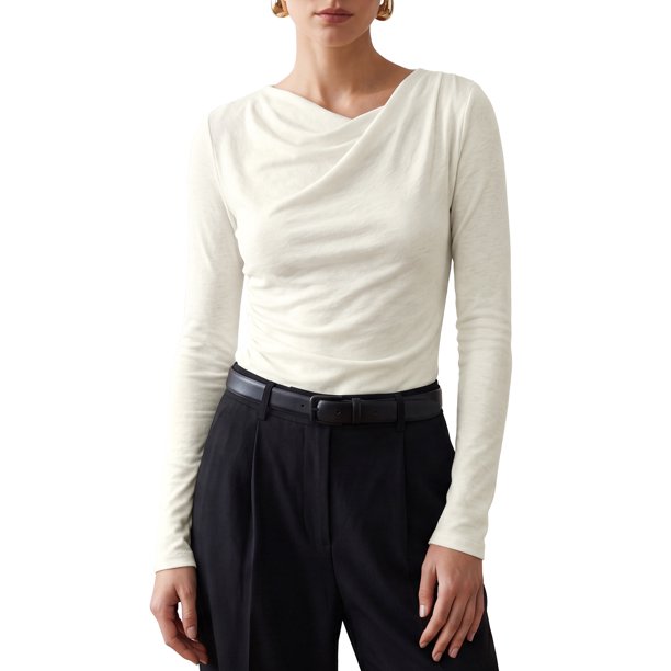 INSPIRE CHIC Blusas con Cuello de Tortuga para Mujeres de Manga Larga Elegante Draped Otoño Casual Ligera S Beige