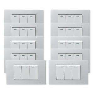Want - Pack 10 Interruptores Triple Metálico 9/12 16A - Gris Blanco