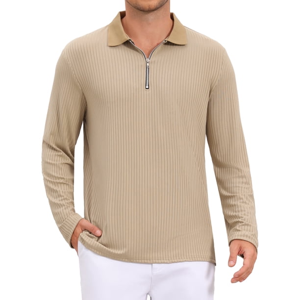 INSPIRE CHIC Camisas Polo Texturizadas para Hombre de Manga Larga con Cremallera Cuarto para Golf Talla S Caqui