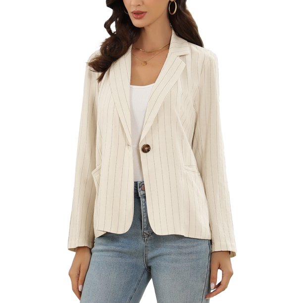 INSPIRE CHIC Blazer Casual para Mujer con Rayas, Cuello con Muesca, Botón Único, Blazers de Oficina con Bolsillos XL Beige