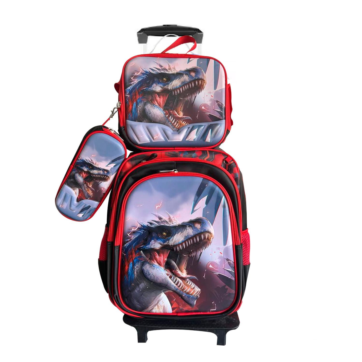 Global Latin Group - Maleta Mochila 3 En 1 Con Ruedas Y Accesorios Diseño De Dinosaurio Rojo 60