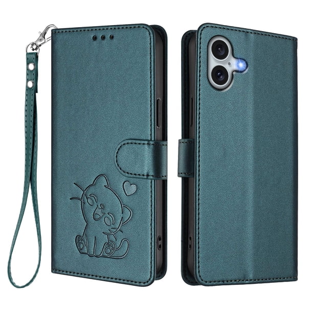 Funda Billetera con Relieve de Gato para iPhone 16 Plus, Verde Oscuro