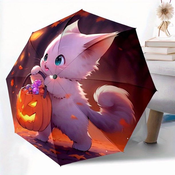 One Piece of a White Cat with a Pumpkin Lantern Fully Automatic Foldable Stylish Umbrella Featuring Eight Iron Ribs And a Three-Fold Design Ideal for Any Season